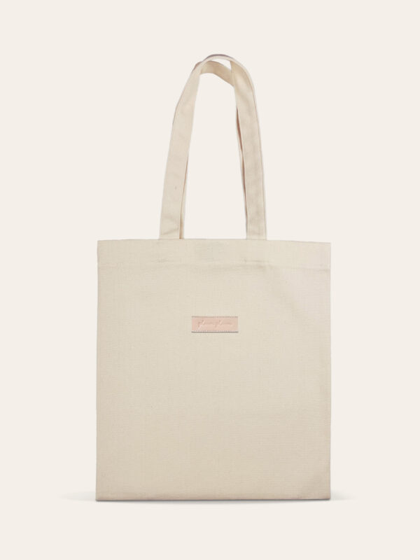 Handmade cotton tote bag in sand beige with embossed leather logo – Plum Plum Australia